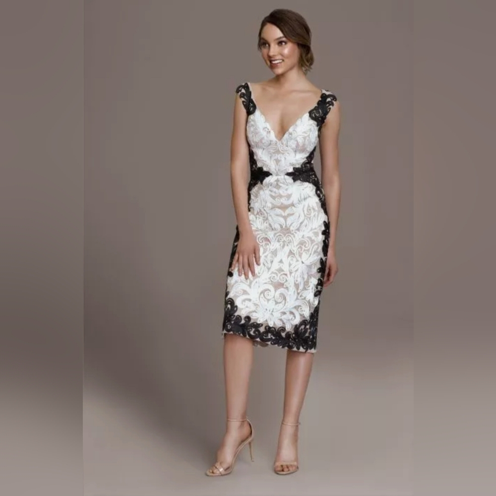 Betsy & Adam Black/White V-Neck 2-Tone Soutache Midi Dress Size 2
